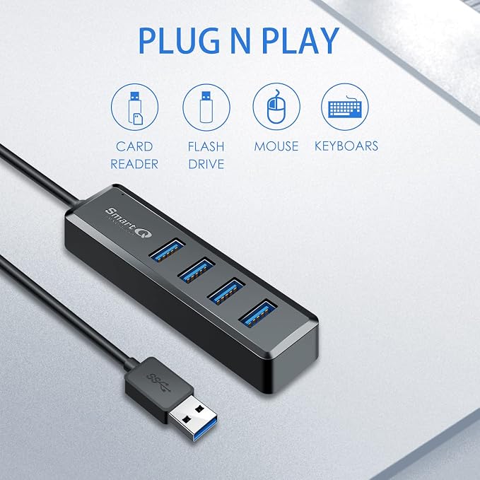 SmartQ H302S USB 3.0 Hub, 4-Port USB Expander with 2ft Long Cable, High-Speed Data Transfer, Compatible with Laptop, PC, Mac, Printer, External HDD