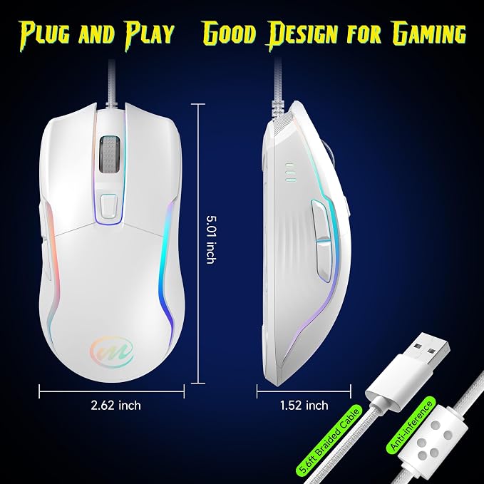 memzuoix Wired Gaming Mouse with RGB - 6 Adjustable DPI up to 12800, 6 Buttons, 12 Lighting Modes, Ergonomic Design with Anti-Slip Rubber Wheel, 5.6ft Braided Cable for PC/Mac/Windows - White