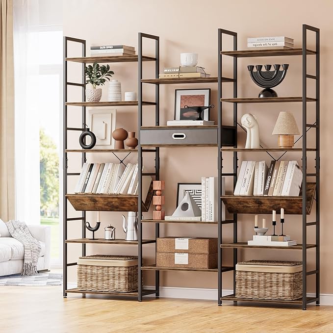 NUMENN Bookcases and Bookshelves Triple Wide 6 Tier Bookshelf, Large Etagere Bookshelf with Storage Drawer, Adjustable Open Display Shelves for Living Room Bedroom Home Office, Vintage