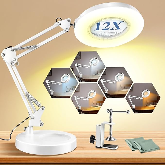 Toolastra 12X Magnifying Glass with Light and Stand, 144 LEDs Brightest Desktop Magnifying Lamp, 10 Dimmable Brightness 5 Color Modes, Hands Free Metal Desk Lamp for Craft Reading Painting (White)