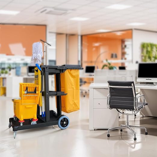 Simpli-Magic Commercial Cleaning Cart with Waste Bag & Lid, Janitorial Utility Cart with 3 Shelves, Mop & Broom Holders, 330 lb Capacity, Yellow/Grey