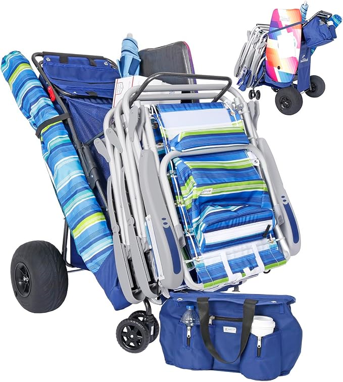Ultimate Beach Cart with Balloon Wheels for Sand – Buggy Wagon with Big Wheels, Insulated Cooler Bag, Boogie Board & Umbrella Holder, 100 lbs Load Capacity
