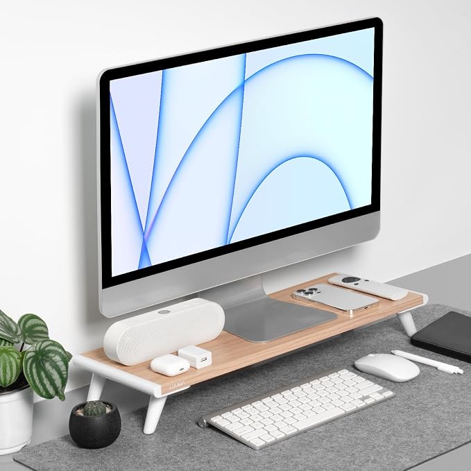 loukin Monitor Stand Riser for Desk, 22.4" x 8.3" Larger Computer Stand for Laptop, PC, Printer, Sturdy Desktop Computer Shelf with Non-Skid Rubber, Home Office, Natural Wood
