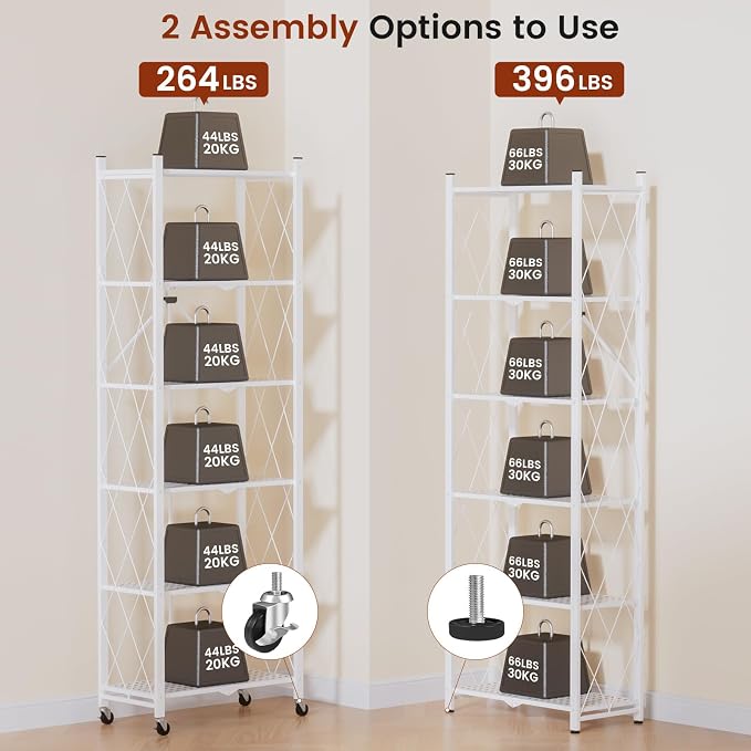 ALANNG 73.6 Inch Folding Bookshelf, 6 Tier Metal Bookcase and Bookshelves, Tall Shelves for Living Room Office Bedroom, Heavy Duty Book Shelve Free Standing Open (White, 2PACK)