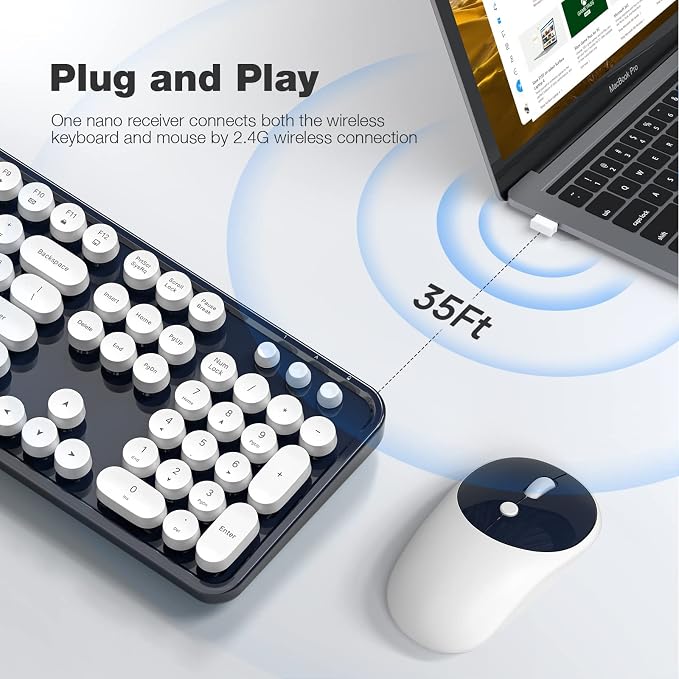 KNOWSQT Wireless Keyboard and Mouse Combo - White-DarkBlue Full-Sized 2.4 GHz 104 Keys Typewriter Keyboard, Flexible Round Keycap and Optical Mouse for Windows, Computer, PC, Laptop, Desktop, Mac