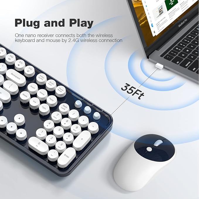 MOFII Wireless Keyboard and Mouse Combo, Dark Blue 2.4G Full Size Keyboard, Round Key Typewriter Keyboards and Cute Mice with 2 in 1 USB Dongle, for PC Laptop Chromebook Smart TV