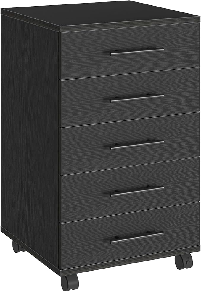 HOOBRO 5-Drawer File Cabinet, Office Cabinet with Drawers, Wooden Storage Cabinet with Wheels for Makeup, Home Office, Study, Easy Assembly, Black BK05WJ01