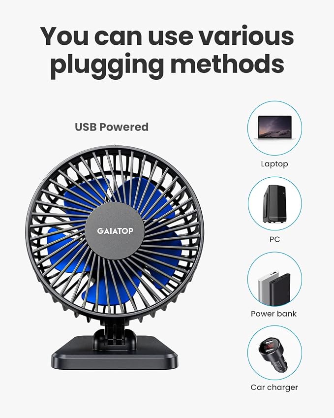 Gaiatop USB Desk Fan, Small But Powerful, Personal Portable Quiet 3 Speeds, Adjustable Mini Table Desktop fan for Cooling Home Office Car Summer Travel Gifts Blue