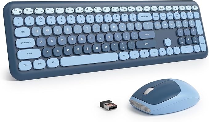 Surmen Cute Colorful Keyboard and Mouse Wireless Silent, Full-Size Retro Typewriter Wireless Quiet Slim Keyboard Low-Noise 2.4GHz for Computer, Desktop, Laptop(6-Ocean Blue)