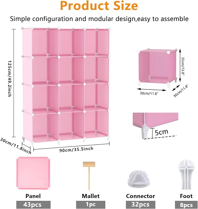AWTATOS Cube Storage Organizer Protable Closet Organizers and Storage for Kids DIY Stackable 12 Cube Storage Shelves Clothes Organizer for Bedroom, Home, Pink
