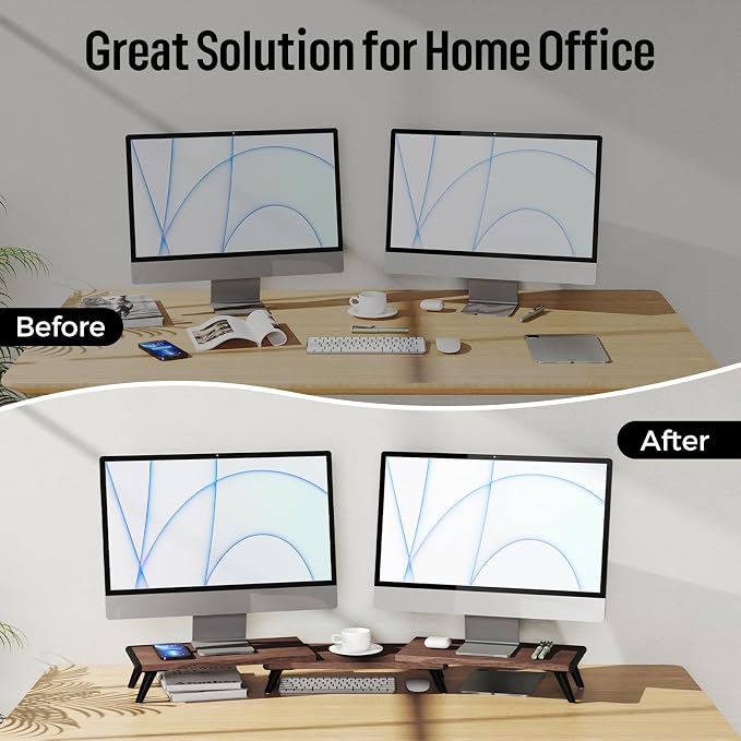 loukin Dual Monitor Stand Riser for Desk, 43.6"*8.2"*3.2" Large Computer Stand for 2 Monitors, Laptop, Printer, Length and Angle Adjustable Computer Shelf, Home Office,Max 43.6" Length(Brown)