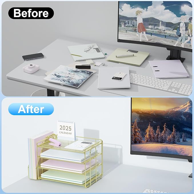 Spacrea Desk Organizers and Accessories, Paper Organizer for Desk with File organizer, Desk Accessories & Workspace Organizers for Office Supplies (Gold)