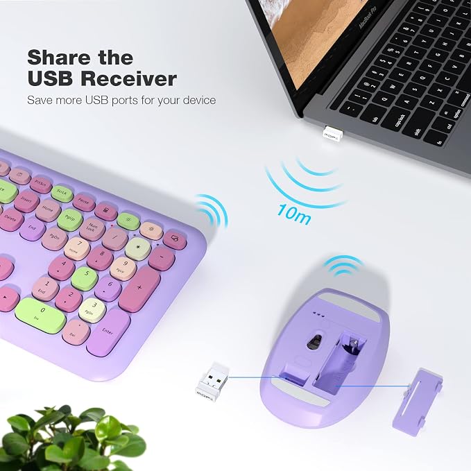 MOFii Wireless Keyboard and Mouse Combo, 2.4G Slim Full-Sized Colorful Keyboard Mouse for PC Desktop Laptops Windows (Purple Colorful)
