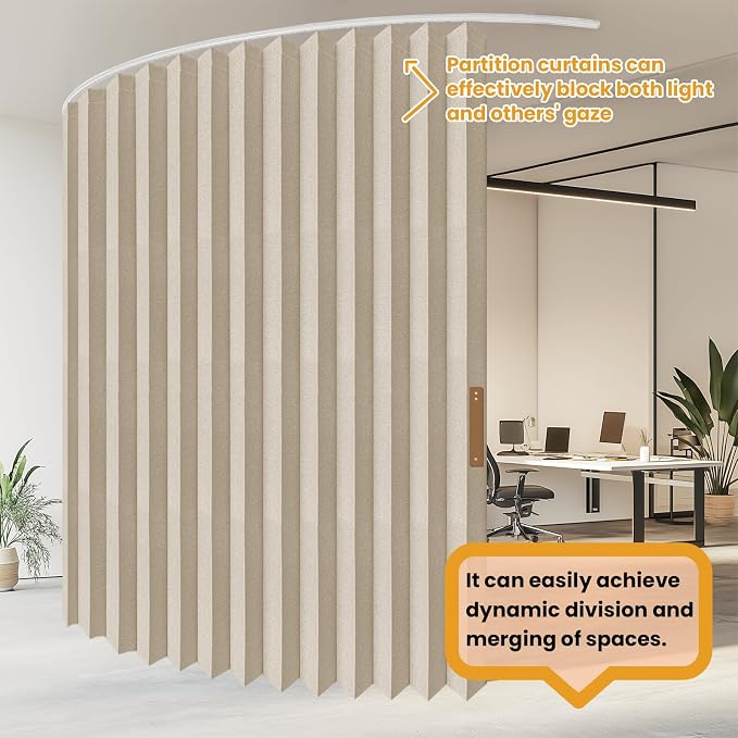 ILRON Accordion Folding Room Partition with Ceiling Track - Retractable Room Divider Curtain, Effortless Setup(Beige 180" W x 108" L-Pack of 1)