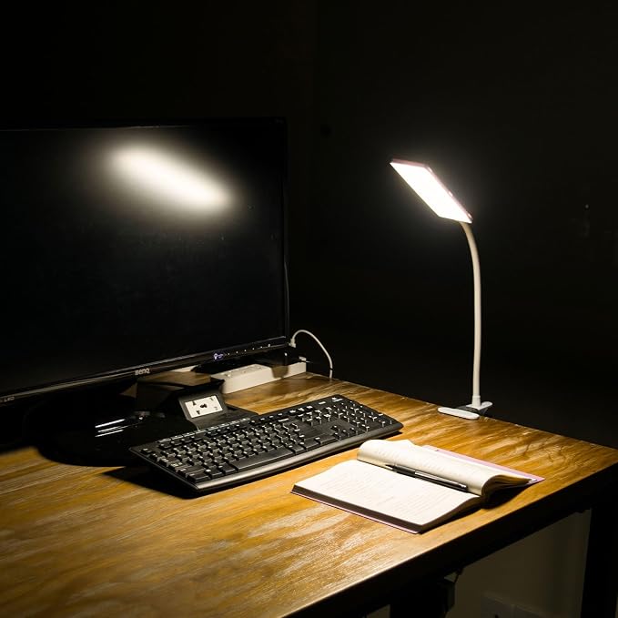 RAOYI LED Desk Lamp, 5W USB Clip on Light Eye-Caring Reading Clamp Table Lamp with 48 LEDs Flexible Neck, 3 Color Modes and 14 Brightness Levels for Office Bedroom Study (White)