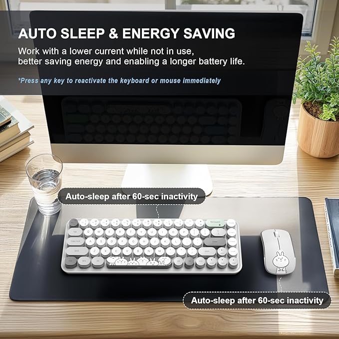 FOPETT Wireless Keyboard and Mouse Cute Mouse and Keyboard 2.4G Wireless Keyboards with Colorful 68 Keys Typewriter Retro Round Keycap for PC, Laptop,Tablet,Computer Windows - Grey Colorful
