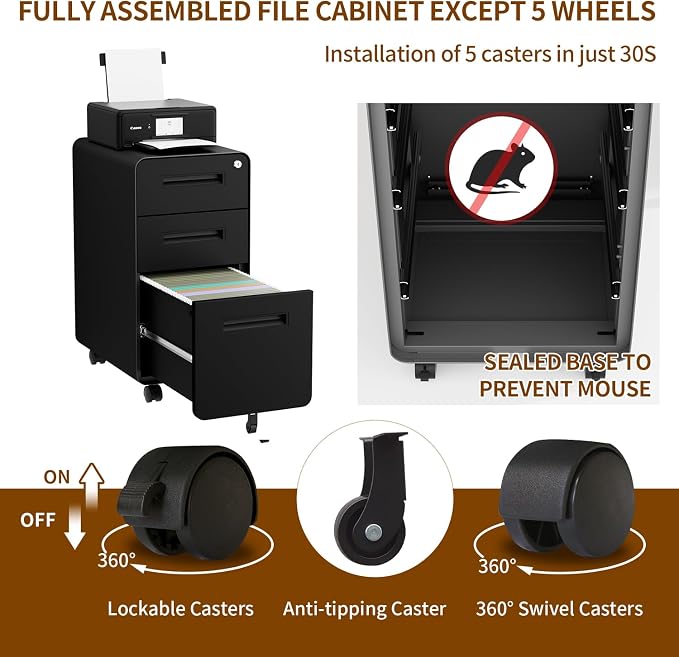 3 Drawer File Cabinet with Lock and 4 Keys, Mobile Metal Filing Cabinet, File Cabinets for Home Office, Under Desk, Pre-Assembly, File Drawer, Letter/Legal/A4 Hanging File Folders