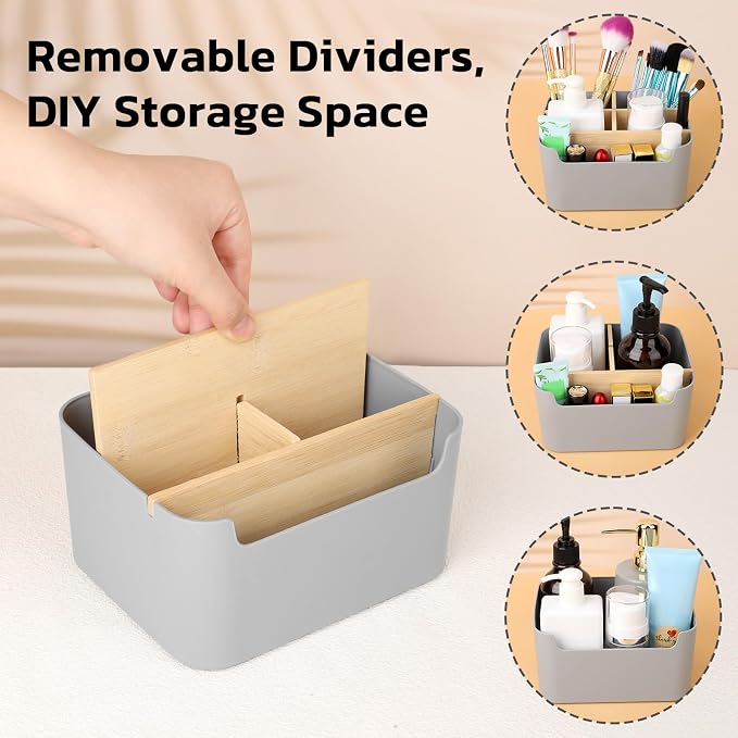 Segarty Gray Desk Storage Organizer, Detachable Divided Bamboo Remote Control Holder Caddy, Desktop Pen Pencil Holder Container Box for Office Supplies Home Bedside Table