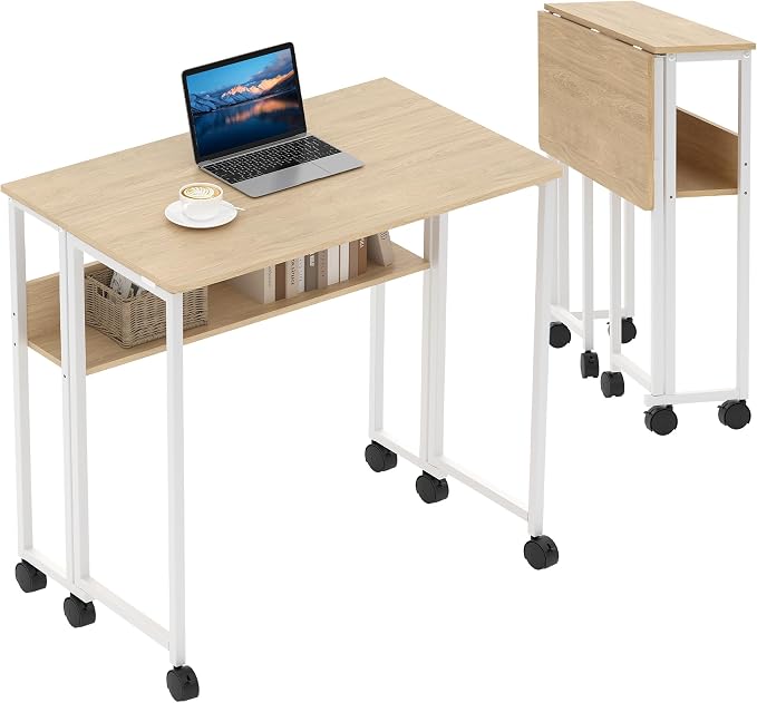 Folding Desk with Storage Shelf, 31.5 Inch Foldable Computer Table with Wheels for Small Spaces,Space Saving Sofa Table for Couch, Rolling Writing Work Office Computer Desk, Easy to Fold,Oak