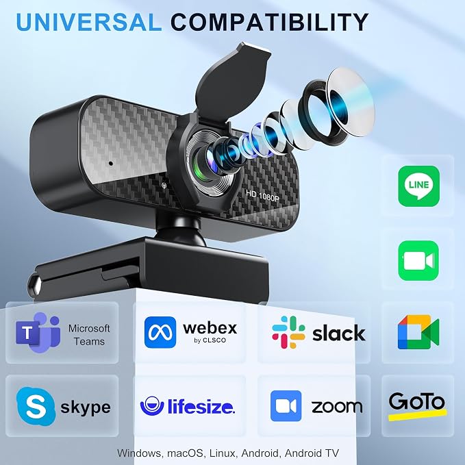 Webcam Full HD 1080P with Built-in Microphone and Rotatable Tripod, Carbon Fiber Board and Privacy Cover, Auto Light Correction, Adjustable FOV, Plug&Play for Zoom/Skype/Facetime/YouTube, Laptop/PC