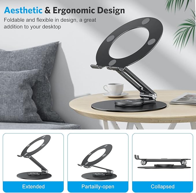 OMOTON Adjustable Laptop Stand with 360 Rotating Base, Ergonomic Laptop Riser for Collaborative Work, Dual Rotary Shaft Fully Foldable for Easy Storage, Fits All Laptops up to 16 inches, Black