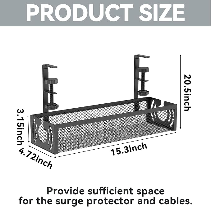 Cable Management, 15'' Under Desk Cable Management Tray No Drill, Metal Cable Organizer with Clamp for Wire Management, Cord Organizer for Home Office, Desk Accessories Organizer, Black