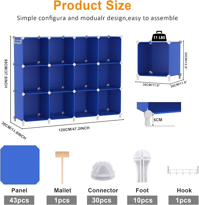 AWTATOS Cube Storage Organizer, 12 Cube Closet Organizers and Storage Shelves, DIY Stackable Bookshelf for Bedroom, Home, Admiral Blue