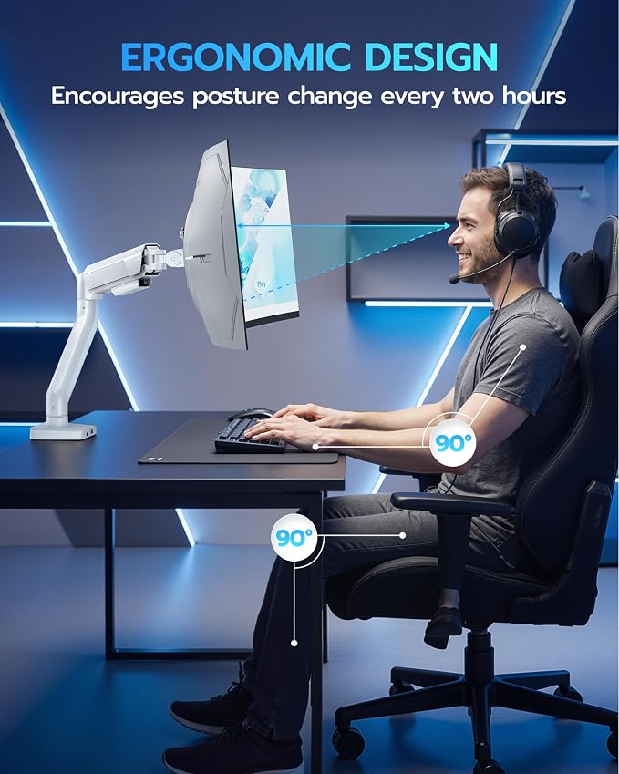 ARES WING Heavy Duty Single Monitor Arm - Fully Adjustable Monitor Mount for 17"-40" Ultrawide Screens up to 26.4 lbs with Clamp/Grommet Desk Mount and USB A/C, 75/100 Vesa Mount, White