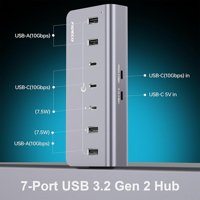 FIDECO Powered USB Hub, 7 Port 10Gbps Fast Data Hub for iPhone 16/15 and Laptop, Full Aluminum USB Splitter with 5V 3A Power Adapter, 4 USB A and 3 USB C Ports, Support BC1.2 Charging, Grey