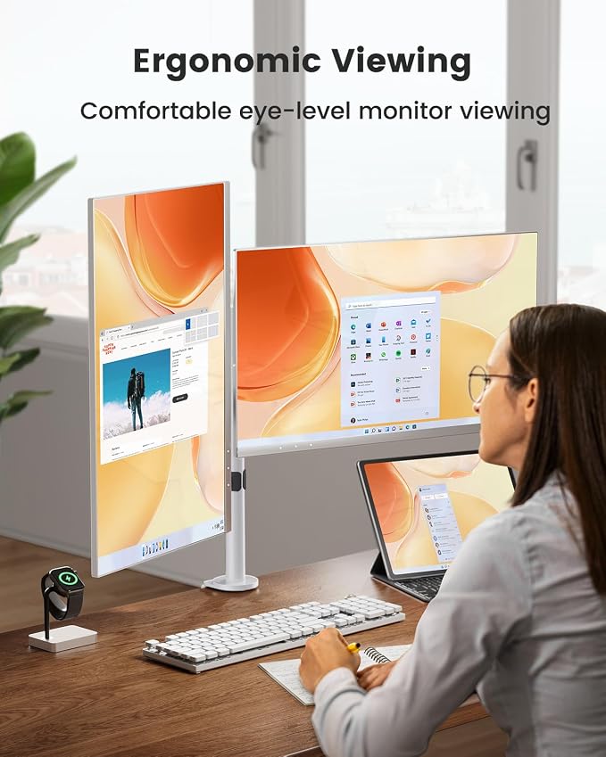 ErGear Fully Adjustable Dual Monitor Mount for 2 Screens up to 32 Inches, Holds up to 17.6 lbs Each Arm, Desk Stand, White