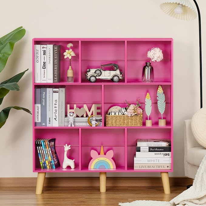 LEYAOYAO Bookshelf,3 Tier Book Shelf with Legs,Pink Modern Bookshelf,Large Freestanding Open Modern Bookshelves,Display Bookcases Decor Furniture for Nursery