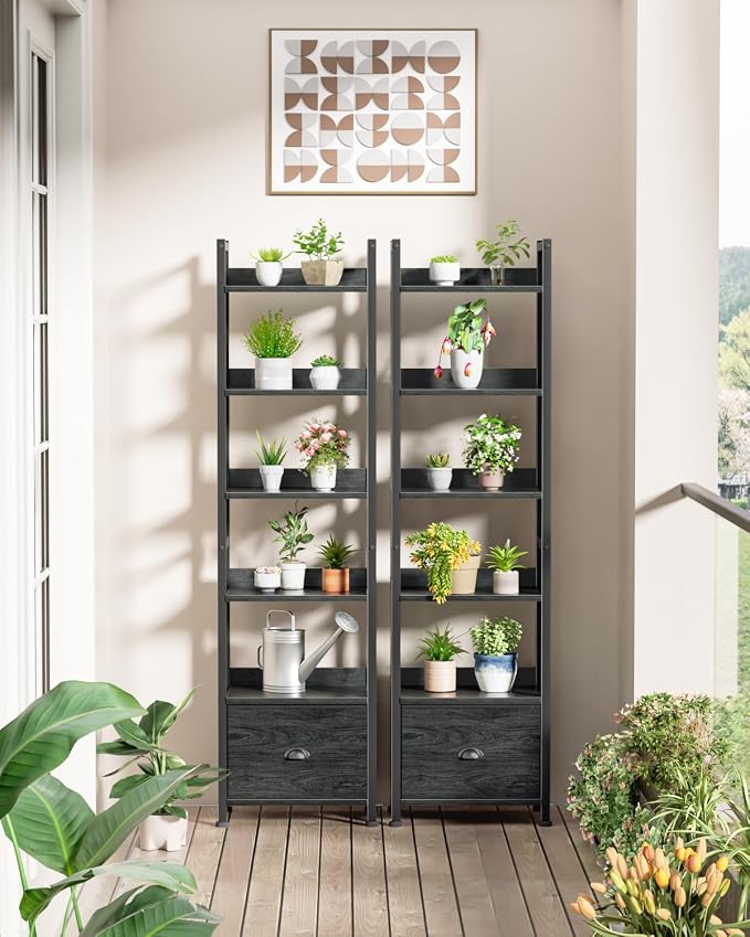 Furologee 6 Tier Bookshelf, Tall Shelf with Drawer, Wood and Metal Bookshelves Storage Organizer, Industrial Display Shelving Unit for Bedroom, Living Room, Home Office, Black Oak