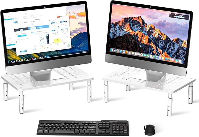 Bracwiser Monitor Stand Riser,3 Level Height Adjustable Desktop monitor stand for Computer, Laptop, Printer, Notebook with Vented Metal Platform 370X235MM 2 Packs,White