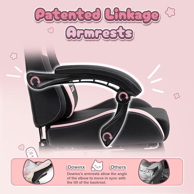 Dowinx Pink Gaming Chair with Cat Ears and Massage Lumbar Support, Ergonomic Computer Chair with Footrest and Headrest, Comfortable Reclining Game Chair 292lbs for Adults, Black