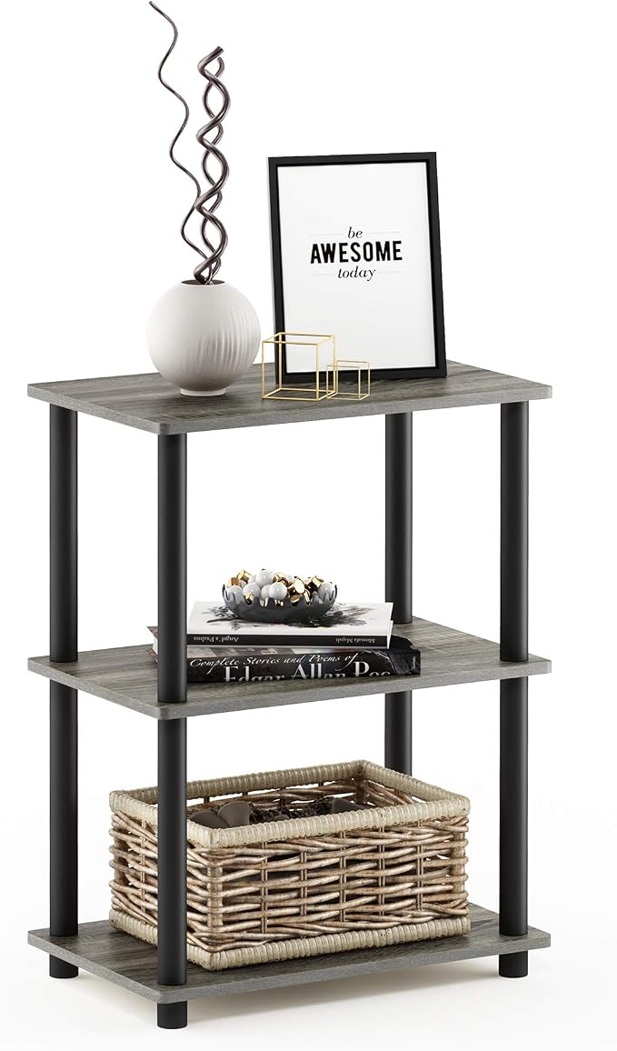 Furinno Turn-N-Tube No Tool 3-Tier Storage Shelf, Narrow, French Oak Grey/Black