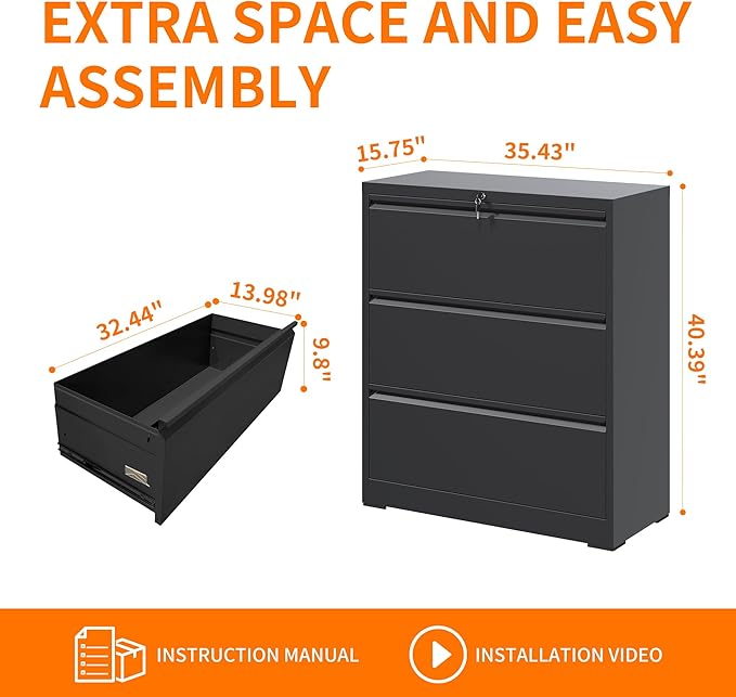 Locking Filing Cabinet with 3 Drawer Heavy Duty Large Metal Cabinet Home Office Black Lateral File Cabinets Wide Steel Cabinets for Legal/Letter Size File,Assembly Required