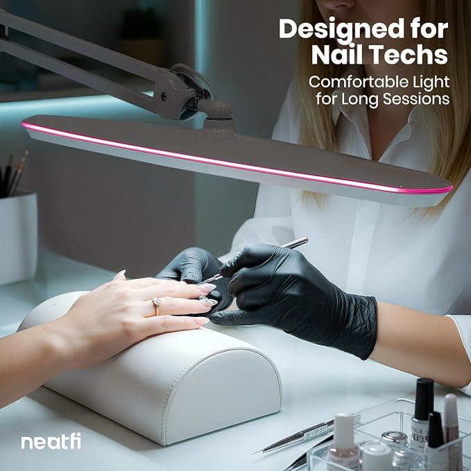 Neatfi XL 2,200 Lumens 24W LED Desk Lamp – 23” Wide Shade | Dimmable Eye-Caring Task Light | Adjustable Arm | Home Office, Study, Crafts & Nail Tech (White with Pink Ring, Non-CCT with Clamp)