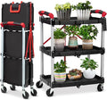 Garvee Collapsible Cart with Wheels, Service Cart, Rolling Carts with Wheels Foldable, 3 Tier Rolling Utility Cart, Folding Utility Shopping Cart for Bar, Kitchen, Office, Shopping, Garage