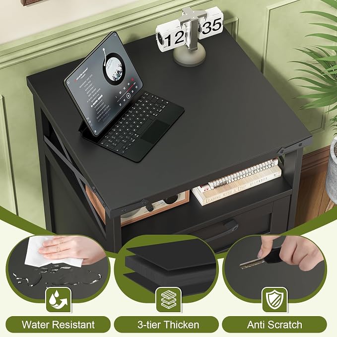 Farmhouse Filing Cabinet with Open Storage Space & Wheels, Office Filing Vertical Cabinet with 2 Drawers, Printer Stand for Hanging Files Letter/A4, Under Desk Storage Cabinets for Home Office.Black