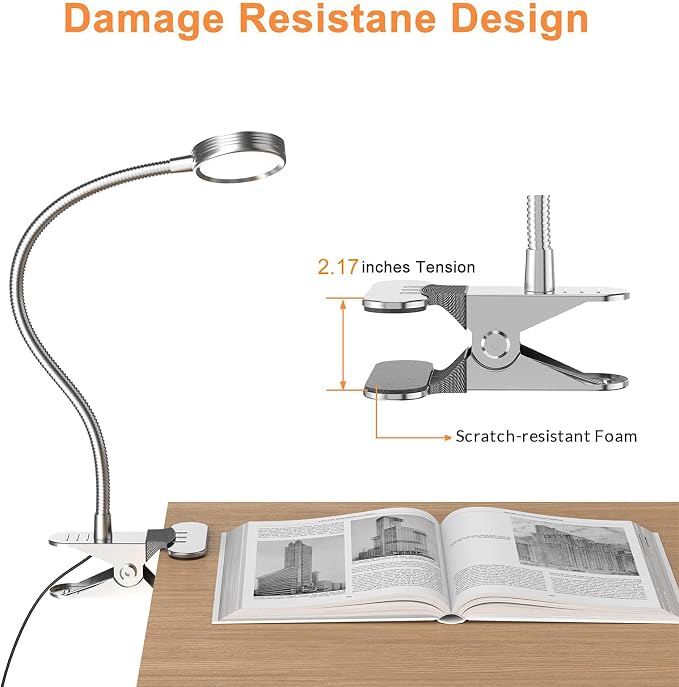 LEPOWER Clip on Light/Reading Light/Book Lights/Desk Lamp Color Changeable/Night Lights Clip on for Desk, Bed Headboard and Computers, Adapter Included, Silver