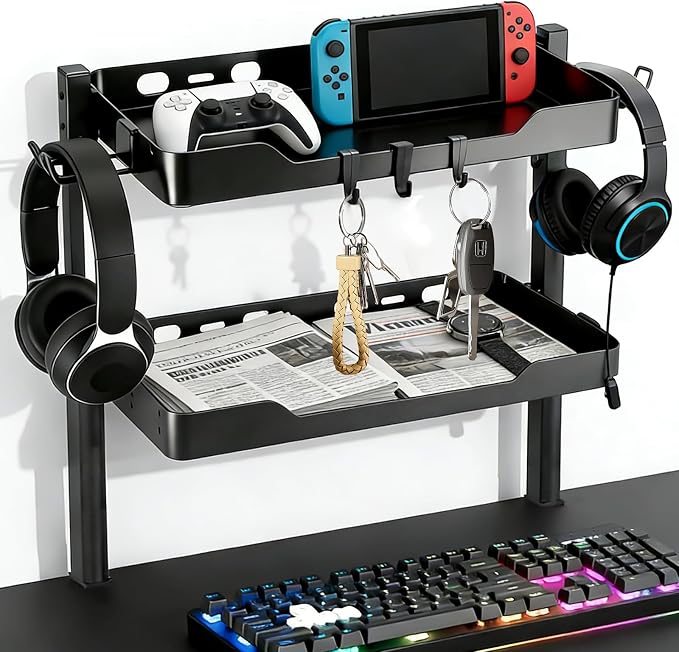 2-Tier Clamp on Desk Shelf, Dual-purpose Desk Organizer (Used on or Under Desk Storage), Desk Shelf Clamp with Hooks and High Load-bearing capacity, Suitable for Office Desk, Gaming Accessories