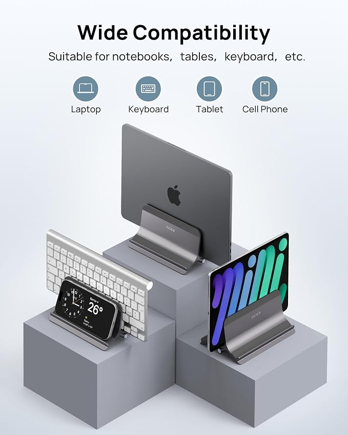 SODI Vertical Laptop Stand for Desk, Aluminum Laptop Holder Compatible with MacBook Pro, MacBook Air Stand Up to 17 inch, Gravity Auto-Lock Cooling, 3in1 Space Saving Desk Organizer Accessories, Gray