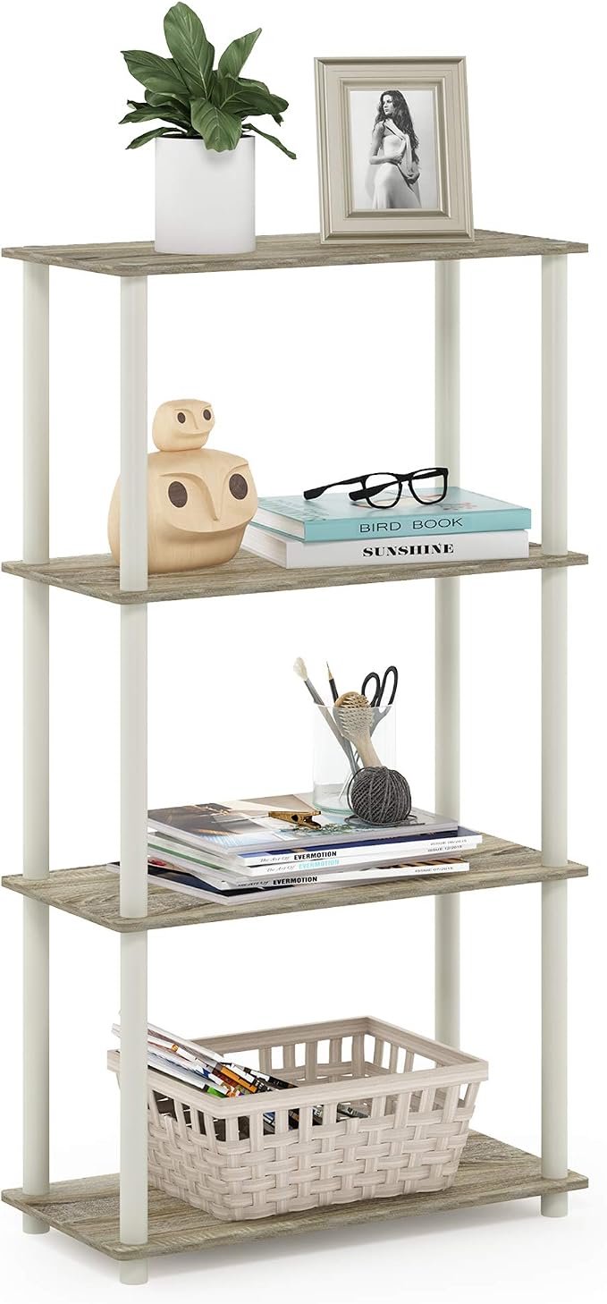 Furinno Turn-N-Tube 4-Tier Multipurpose Shelf Display Rack, Round Tubes, Sonoma Oak/White