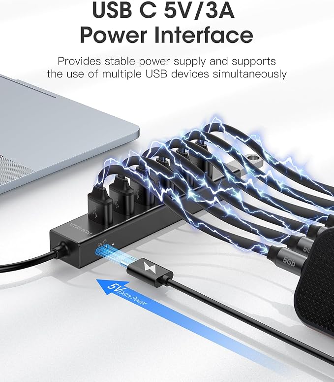 FORIDA Aluminum Alloy 8 Port USB Hub Long Cable USB Splitter with 7-USB3.0 Data Ports and TypeC 5V/3A Power Port Compatible with MacBook, Laptop,Surface Pro, PS5, PC and More (Black, USB A-47in)