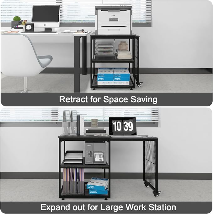 Natwind 24''x20''x29'' Large Printer Stand with Storage Shelves,Extendable Home Craft Table,Home Office Organization Desk, Versatile Table for Home Office, Kitchen, Study Room, Living Room (Black)