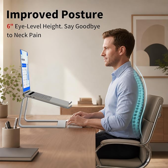 Orionstar Ergonomic Laptop Stand, Premium 5mm Aluminum Riser for 10-15.6 Inch Notebook Computer, Tool-Free Detachable Elevator Holder for Desk Office, Sturdy Riser for Eye-Level Neck Relief, Silver