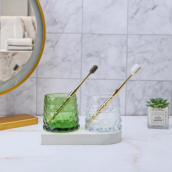 DASITON Glass Makeup Brush Holder Organizer, Diamond Pattern Cosmetic Storage Cup, Makeup Organizer for Vanity, Bathroom Countertop Toothbrush Holder, Desk Pen Pencil Holder (Clear)