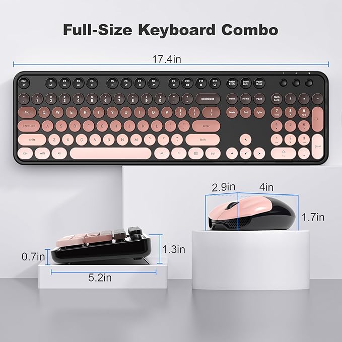 Wireless Keyboard and Mouse Combo, MOWUX Full Size Typewriter Retro Round Computer Keyboard, Cute Optical Mouse Wireless, Plug and Play, for Laptop, PC, Computer- BlackBerry Gradient