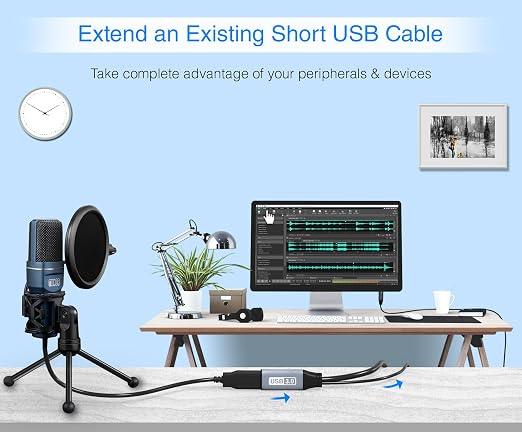 BlueRigger Active USB 3.0 Extension Cable 32FT (5 Gbps USB Extender Cord, in-Wall CL3 Rated) - Long USB Extension Cable for Webcam, VR Headset, Printer, Hard Drive, Keyboard, Mouse