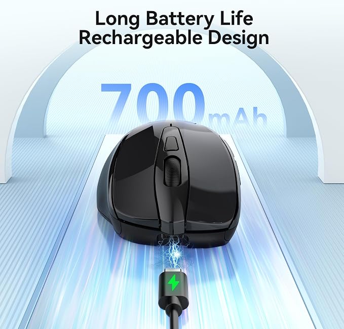 TECKNET Rechargeable Jiggler Wireless Mouse (BT5.0/3.0 & 2.4G) 4800 DPI Silent USB A & Bluetooth Mouse 6 Buttons, Wide Compatibility - Black
